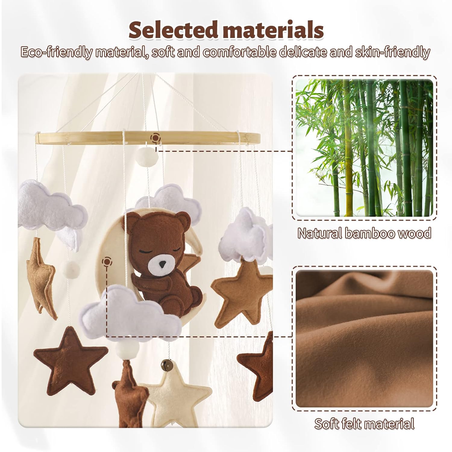 Baby Mobile for Crib - Animal Crib Mobile With Music for Girls and Boys, Wooden Bed Bell Hanging, Nursery Mobile for Bassinet Room Decor (Bear)