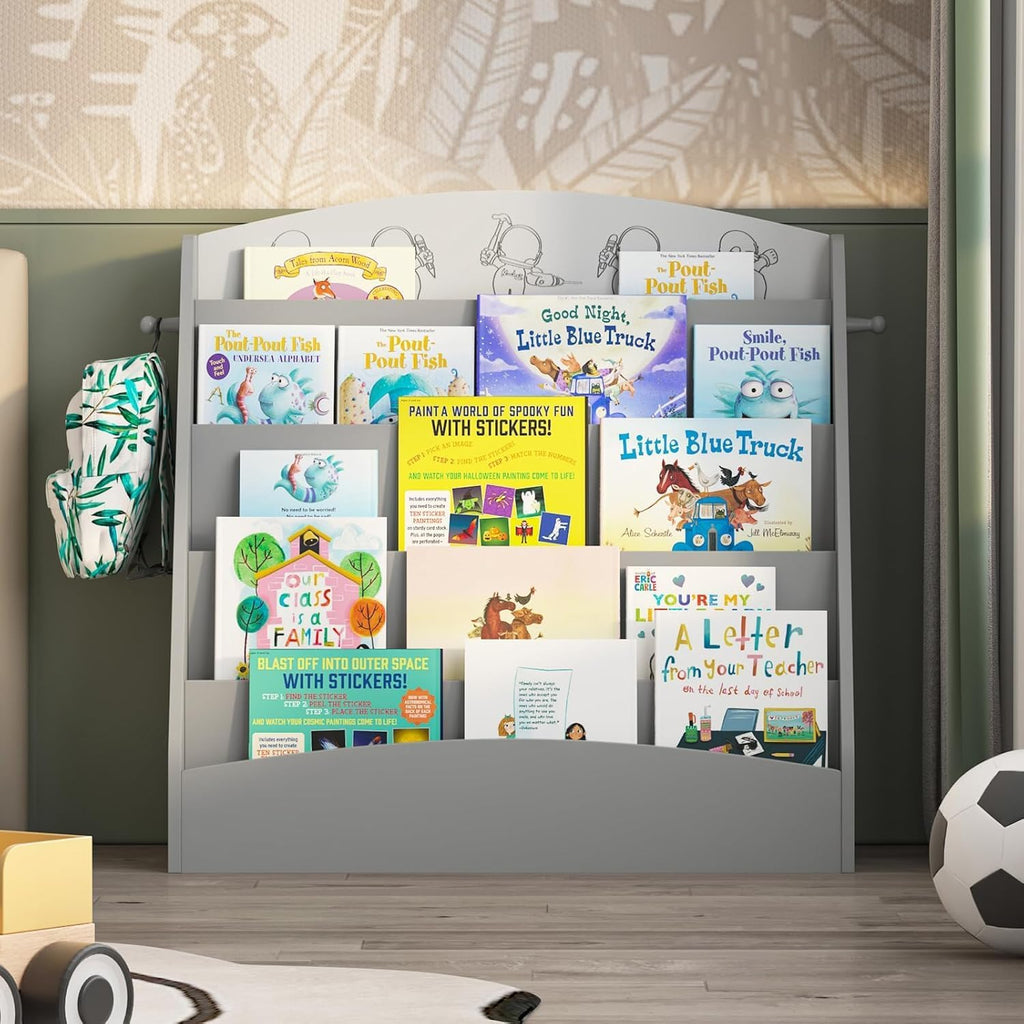 5-Tier Kids Bookshelf Montessori Toddler Book Rack Baby Bookcase Floor Front Facing Magazine Display Shelf for Bedroom Playroom Nursery Classroom Kindergarten Wood (Gray)