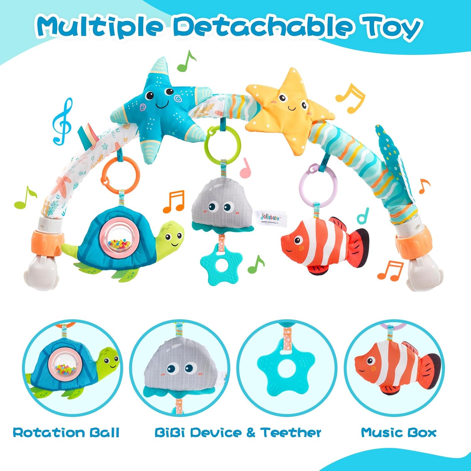 Jollybaby Musical Bassinet Stroller Crib Mobile Toy for Baby 0-6-12 Months, Infant Clip On Arch Hanging Toy with Music, Montessori Sensory Nursery Mobiles Attachment Toy for Newborn Gift - Starfish
