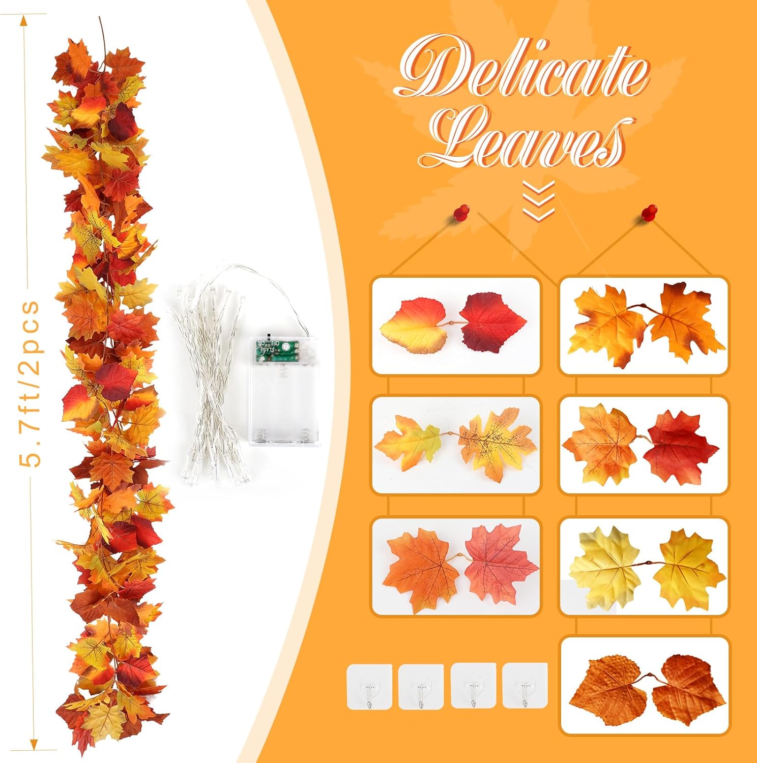 Joyhalo 2 Pack Fall Garland with Lights, Fall Leaves for Mantle, Outdoor Lighted Up Leaf Garland Autumn Decor with 6.5FT LED String Lights, Hanging Maple Leaves for Door, Thanksgiving Decor