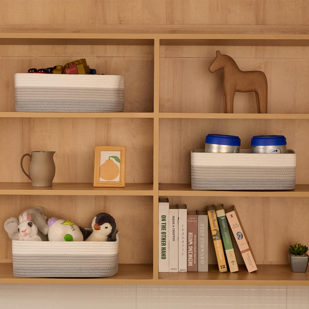 Large Shallow Organizing Baskets 15x11x5.1 Inches - Rope Woven Storage Bins for Bathroom, Shelves, Cube Closet, Gradient Grey 2 Packs