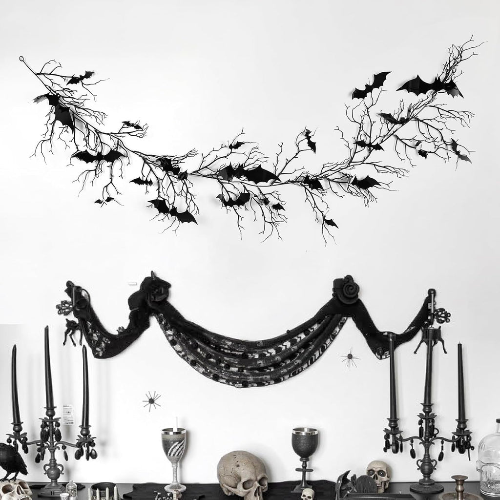 Gothic Halloween Banner: 1pc Haunted Bat Dark Dead Branch Halloween Party Banner with LED Lights, Decorative Bat Vine Twig Garland Decorations for Home Wall Mantel Doorways Front Decor