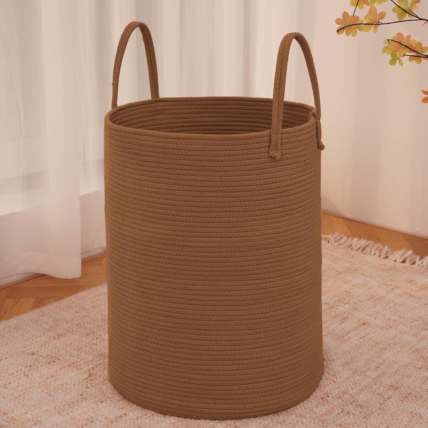 Large Woven Laundry Basket Hamper,100L Cotton Rope Storage Bin for Blankets,Toys and Clothes,Decorative Tall Nursery Hamper for Living Room,Baby Nursery,Bathroom and Bedroom,Golden Jute