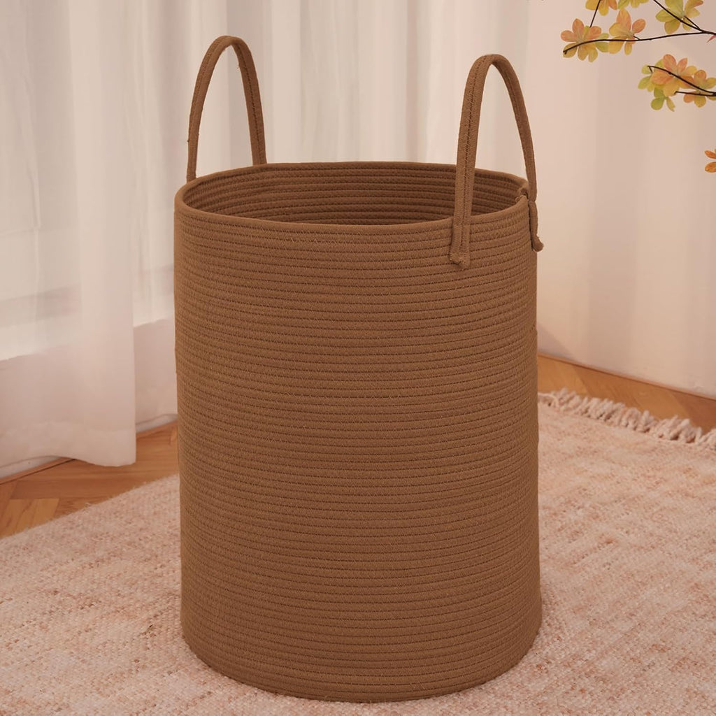 Large Woven Laundry Basket Hamper,60L Cotton Rope Storage Bin for Blankets,Toys and Clothes,Decorative Tall Nursery Hamper for Living Room,Baby Nursery,Bathroom and Bedroom,Golden Jute
