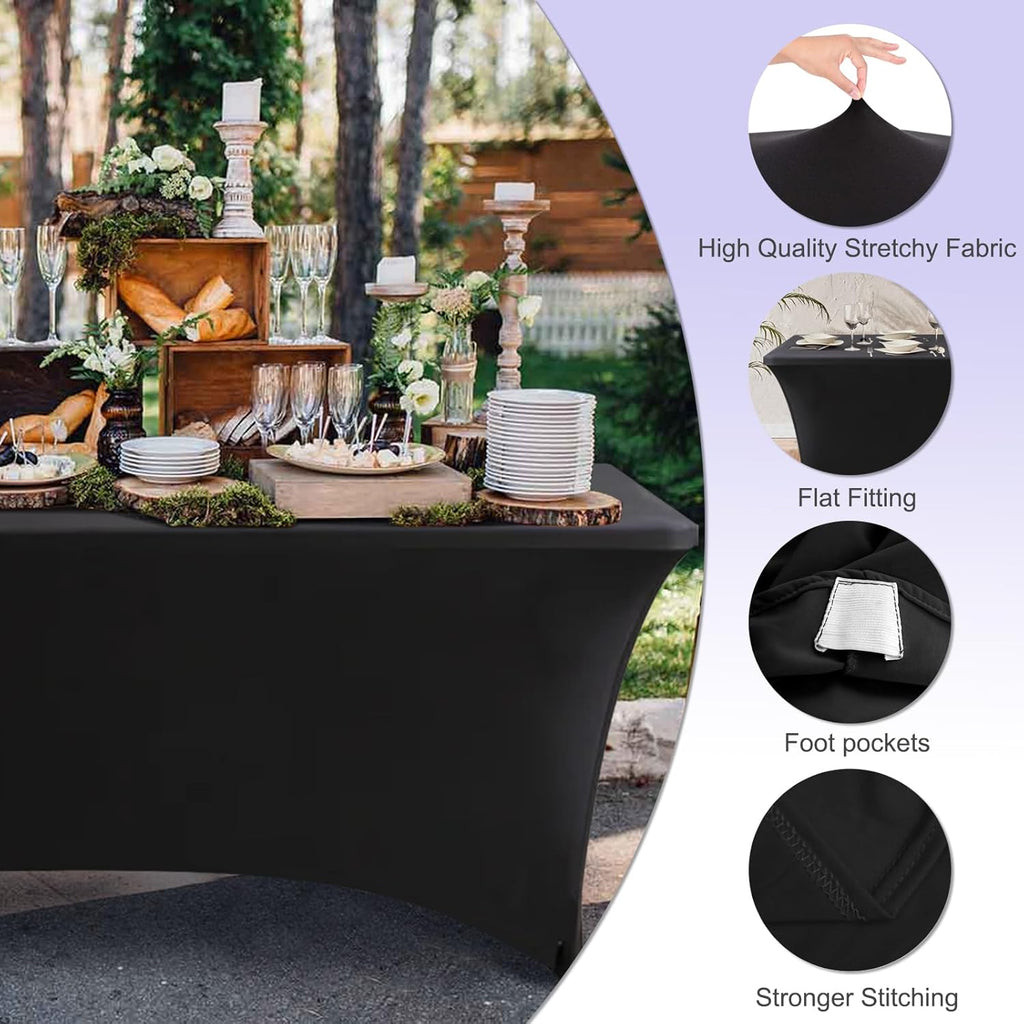 ABCCANOPY 6 FT Black Spandex Table Cover Wrinkle Resistant Fitted Stretch Tablecloth Reuse for Rectangular Folding Table Patry Event Wedding Banquet Protector 2 Pack