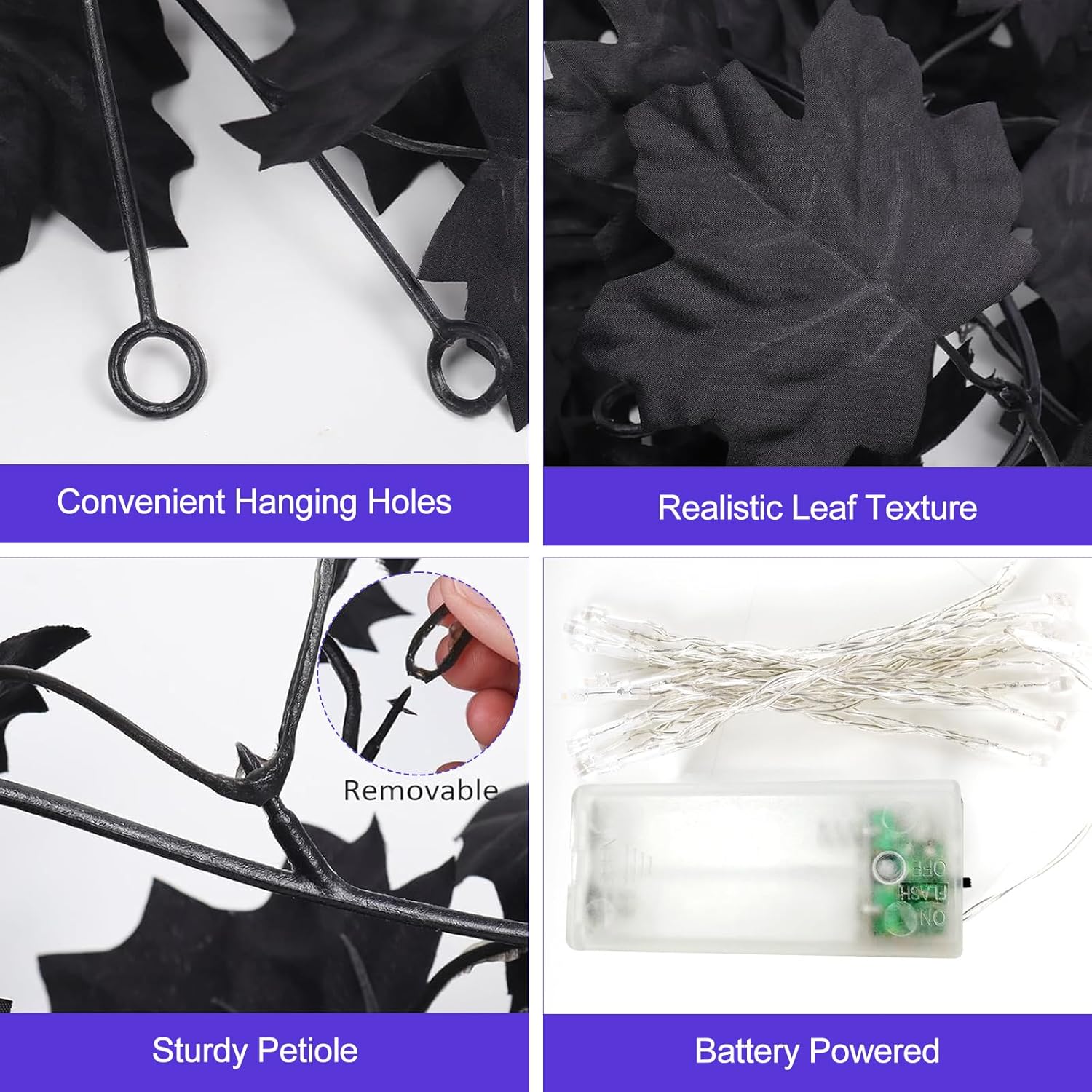 Joyhalo 2 Pack Halloween Garland with Lights, Black Maple Leaves Lighted Garland for Mantle, 5.7FT Light Up Leaf Autumn Vines Outdoor for Door Frame, Fireplace and Thanksgiving Fall Decor