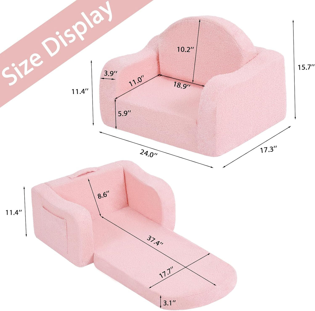 Welnow 2-in-1 Kids Sofa Chair, Convertible Toddler Chair Flip Out Children Sofa Chair with Wave Armrests Folding Kids Play Sofa with Side Pockets & Removable Cover Armchair for Girl or Boy