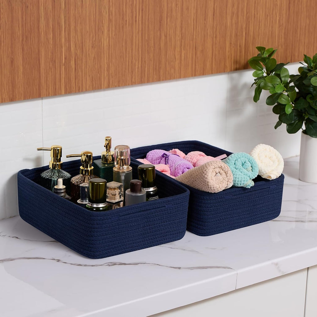 Large Shallow Organizing Baskets 15x11x5.1 Inches - Rope Woven Storage Bins for Bathroom, Shelves, Cube Closet, Navy Blue 2 Packs