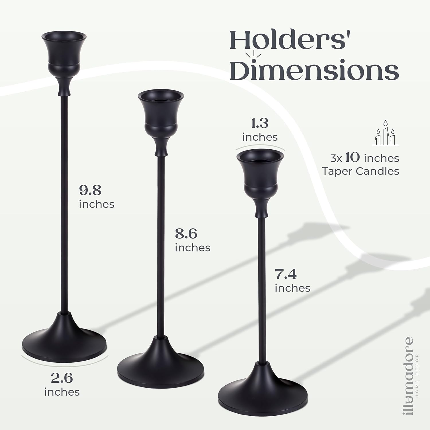 Black Candlestick Holders | Set of 3 | Metal with Matte Finish | 3 Different Sizes | Taper Candles Included | Decorative Centerpiece for Wedding, Christmas, Fireplace Mantel, Dining Table
