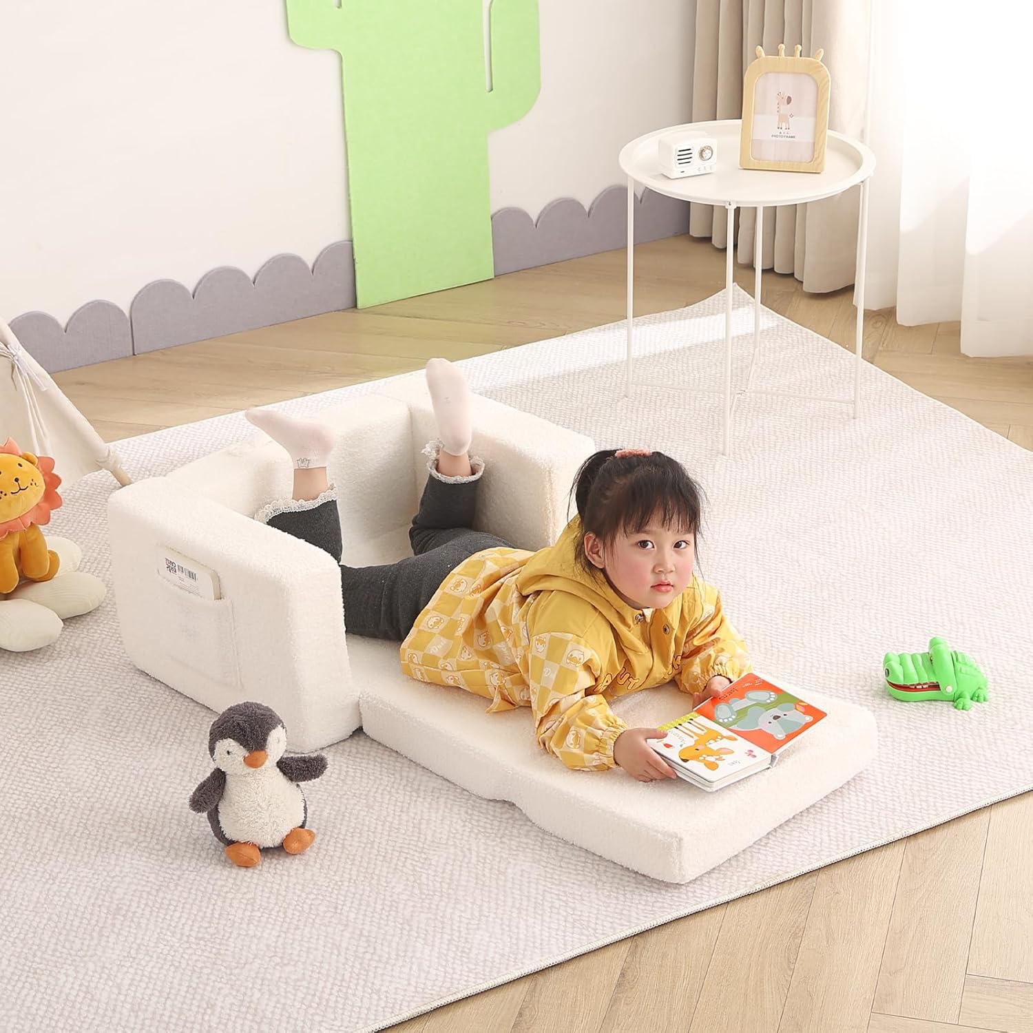 Welnow 2-in-1 Kids Sofa Chair, Convertible Toddler Chair Flip Out Children Sofa Chair Folding Kids Play Sofa with Side Pockets & Removable Cover Armrest Chair for Girl or Boy