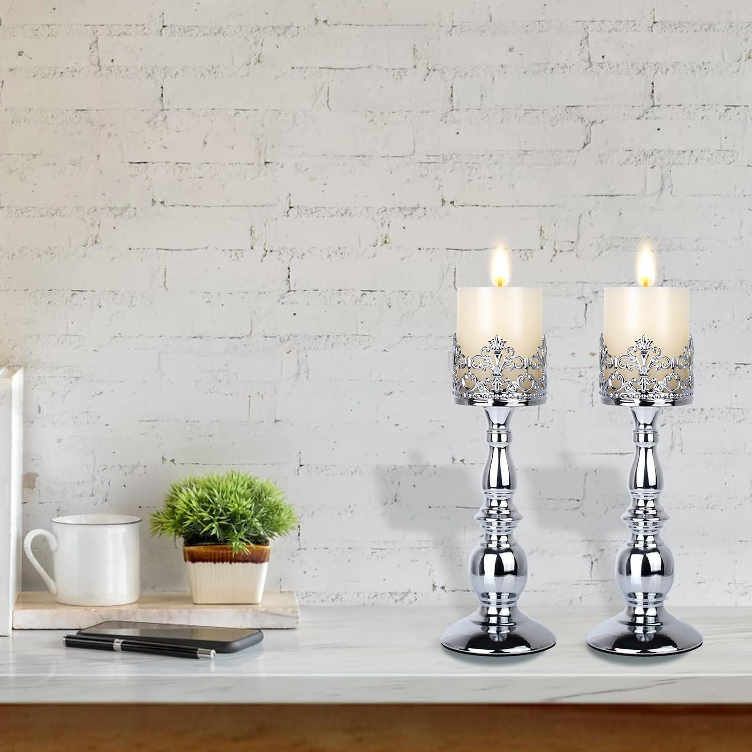 Candle Holders for Pillar Candles Gothic Matte Black Vintage Tall Candle Holders Set of 2 Decorative Large Table Centerpieces Candle Stand Decor (Silver 2PCS A)