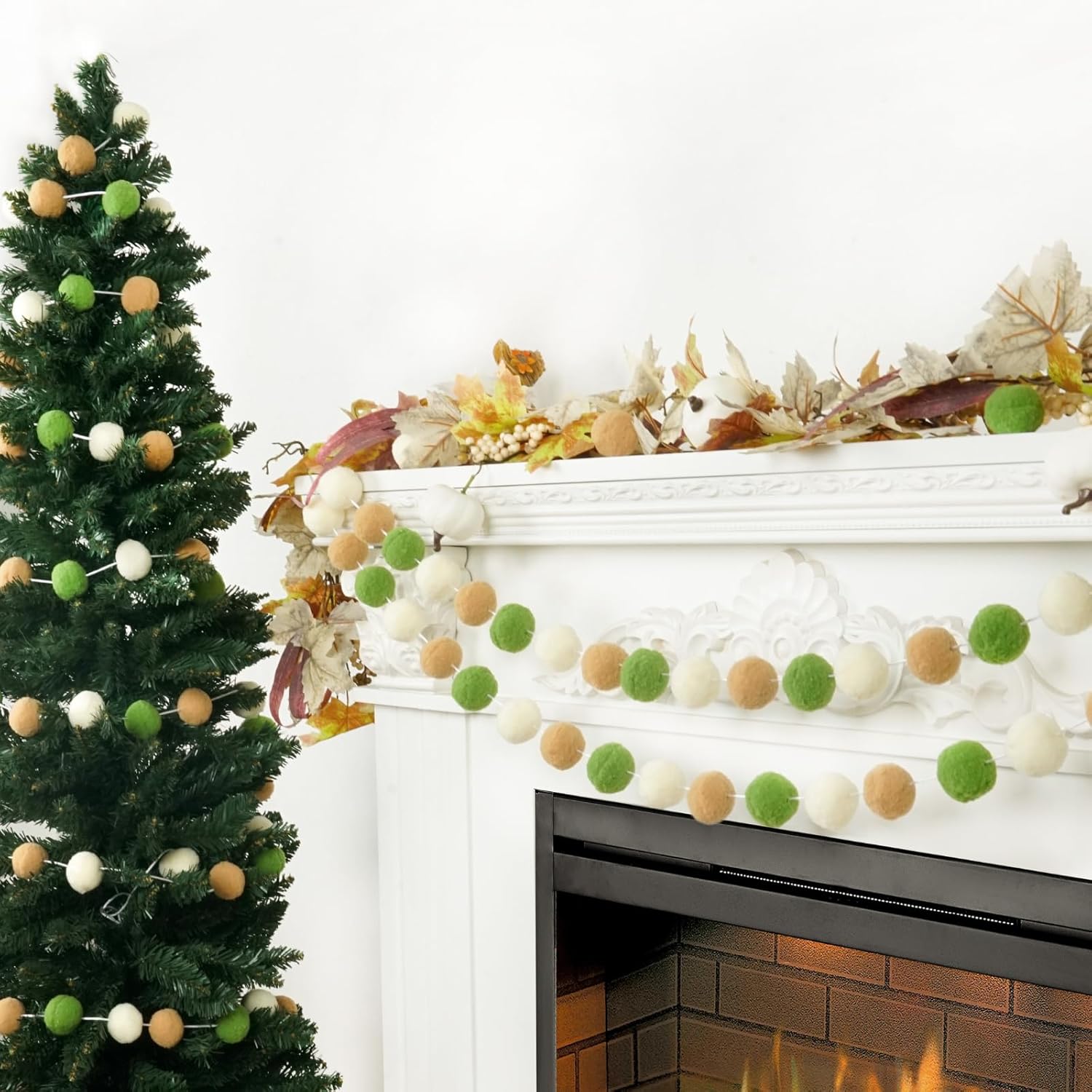 TBD Decor 2pk Pom Pom Garland 13FT Colorful Large Felt Ball Garland Fall Decoration for Mantle,Indoor Holiday Wedding Birthday Party Supplies(Green Brown)