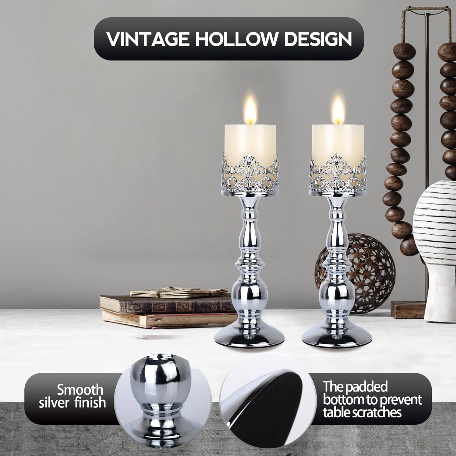 Candle Holders for Pillar Candles Gothic Matte Black Vintage Tall Candle Holders Set of 2 Decorative Large Table Centerpieces Candle Stand Decor (Silver 2PCS A)