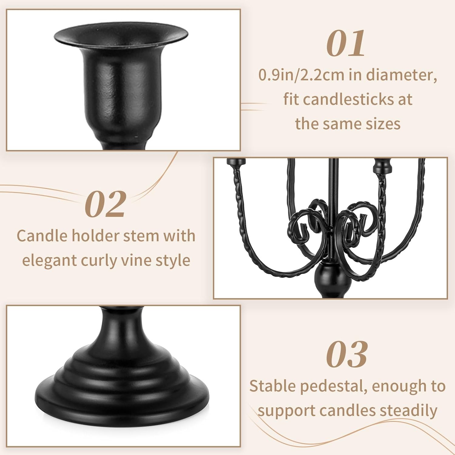 Sziqiqi Candelabra Candles Holder Centerpieces - Black Candlestick Holders Bulk for Halloween Vintage Tabletop Candelabras for Party Events Holiday, 6 Pieces