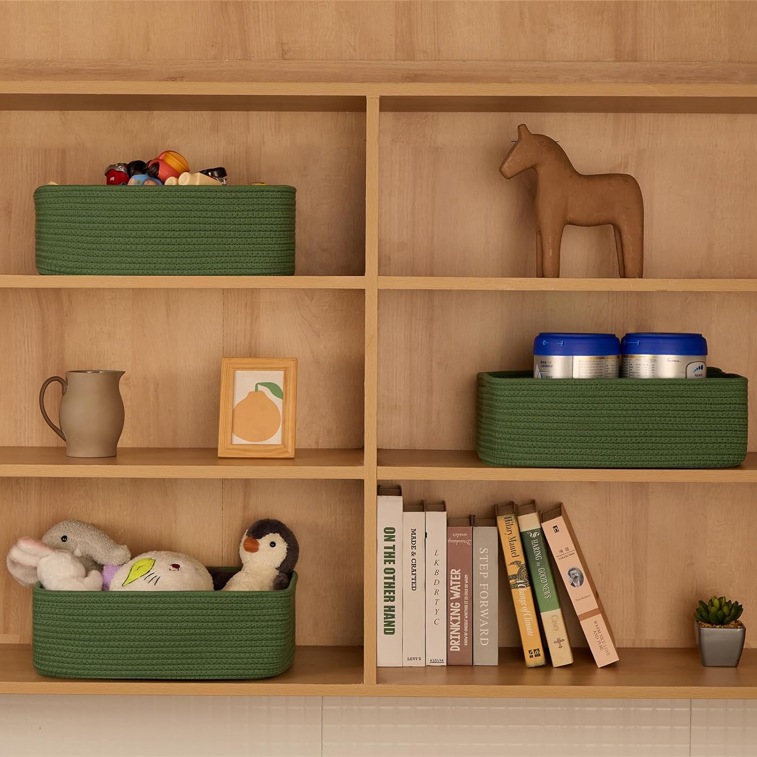 Large Shallow Organizing Baskets 15x11x5.1 Inches - Rope Woven Storage Bins for Bathroom, Shelves, Cube Closet, Green 2 Packs