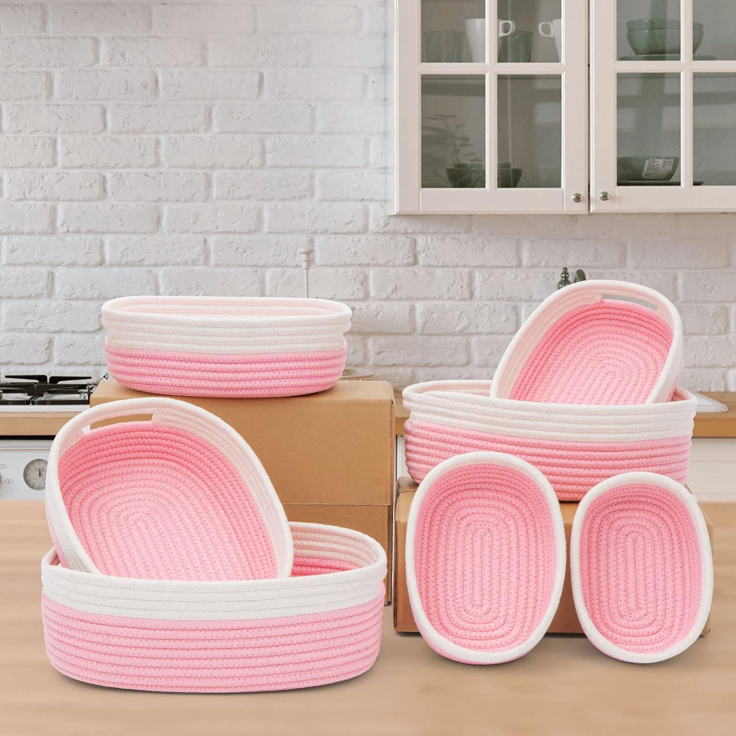 7 Piece Cotton Rope Woven Basket Set - Small Basket for Baby Nursery, Pets, Montessori, Dog & Cat Toy Boxes, Bathroom Organization Bins (White/Pink)