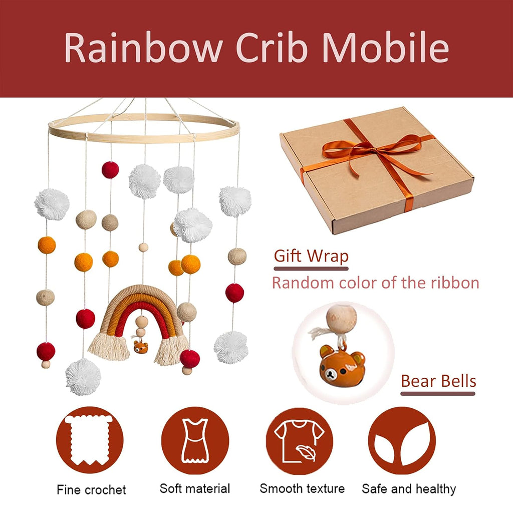 Baby Crib Mobile,Crib Mobile Wooden Mobile with Colorful Cotton Ball Wool Felt Ball Boho Baby Mobile Bassinet Mobile for Crib,Mobile for Baby Nursery and Ceiling Decoration