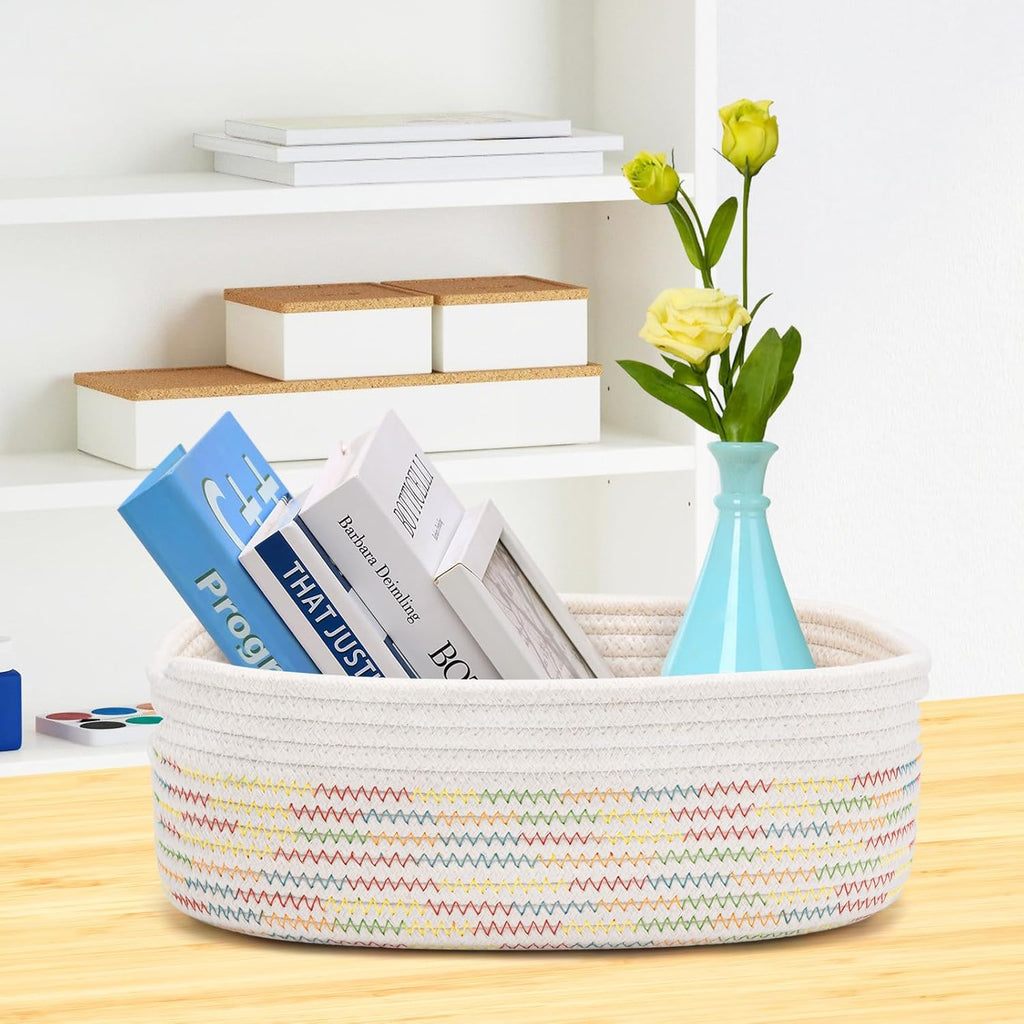 7 Piece Cotton Rope Woven Basket Set - Small Basket for Baby Nursery, Pets, Montessori, Dog & Cat Toy Boxes, Bathroom Organization Bins (White/Rainbow Stitching)