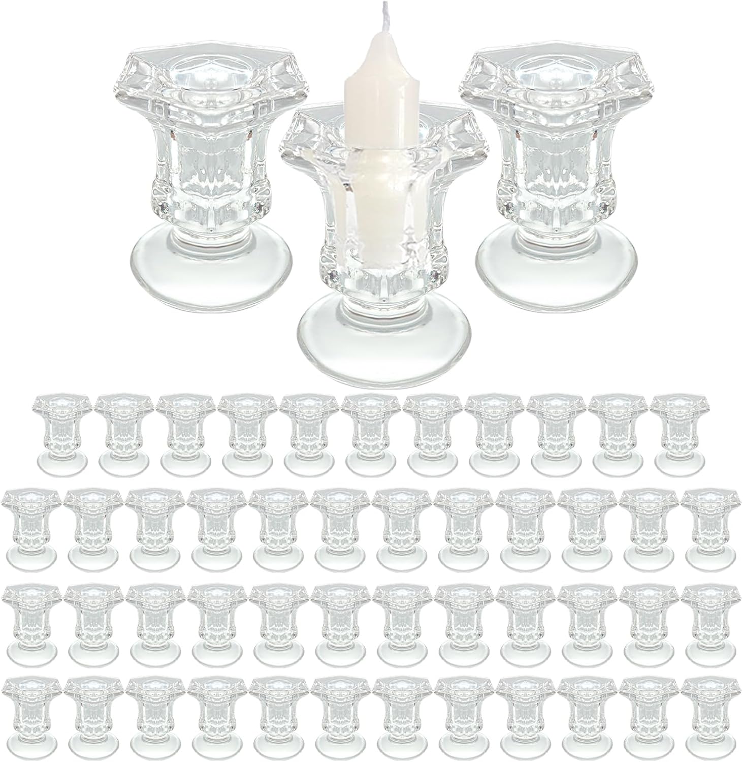 50 Pieces Glass Taper Candle Holders Bulk Clear Glass Taper Candlestick Holders for Wedding Table Centerpiece Party Decoration 2.2 Inch