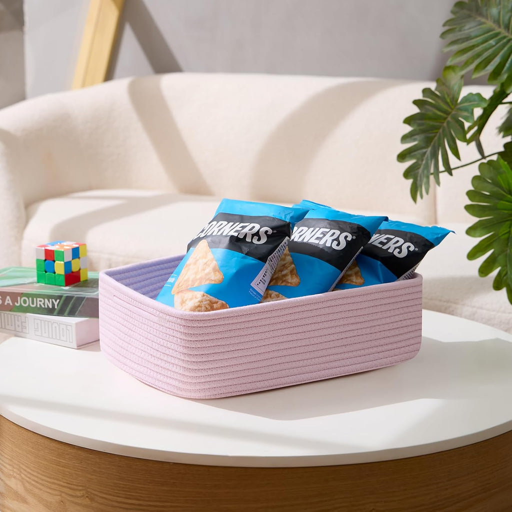 Large Shallow Organizing Baskets 15x11x5.1 Inches - Rope Woven Storage Bins for Bathroom, Shelves, Cube Closet, Light Pink 2 Packs