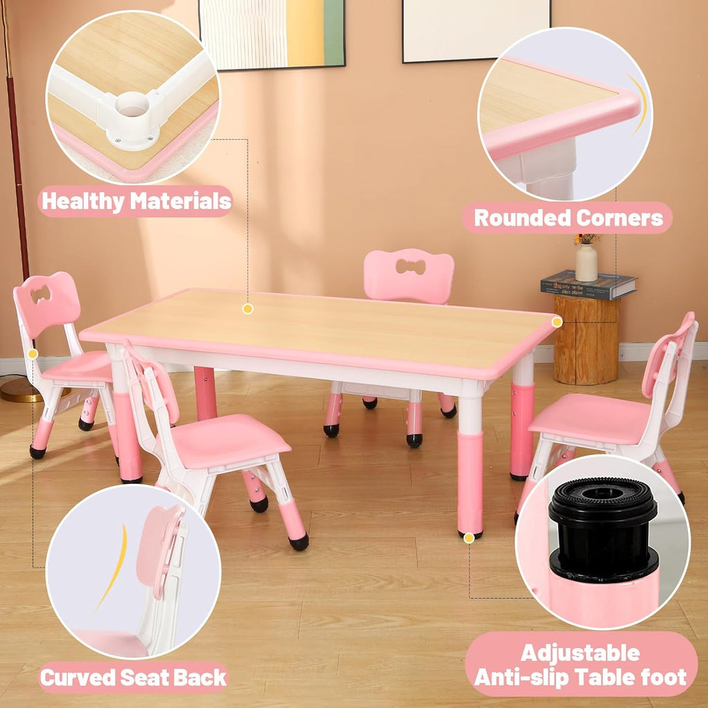 FUNLIO Kids Table and 4 Chairs Set for Ages 3-8, Height Adjustable Toddler Table and Chair Set, Easy to Wipe Arts & Crafts Table, for Classrooms/Daycares/Homes, CPC & CE Approved (5 pcs Set) - Pink