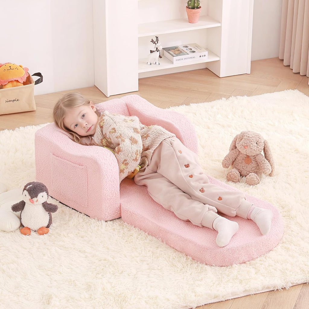 Welnow 2-in-1 Kids Sofa Chair, Convertible Toddler Chair Flip Out Children Sofa Chair with Wave Armrests Folding Kids Play Sofa with Side Pockets & Removable Cover Armchair for Girl or Boy