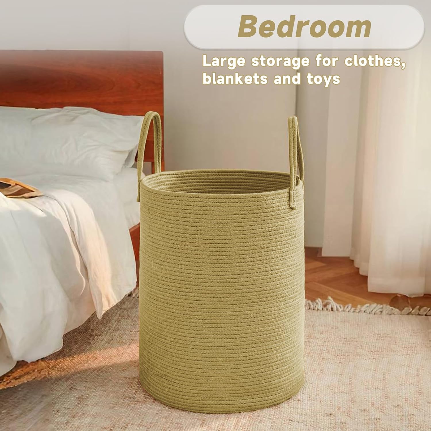 Large Woven Laundry Basket Hamper,60L Cotton Rope Storage Bin for Blankets,Toys and Clothes,Decorative Tall Nursery Hamper for Living Room,Baby Nursery,Bathroom and Bedroom,Jute