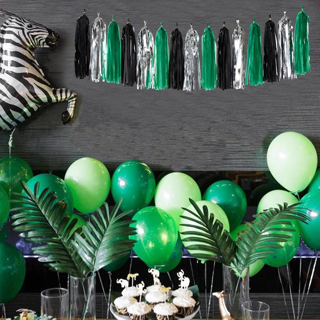 Black Green Silver Tassel Garland - 15pcs Soccer Party Supplies Tassels Graduation Backdrop Decorations Men Boys Birthday Spring Summer Jungle Theme Banner