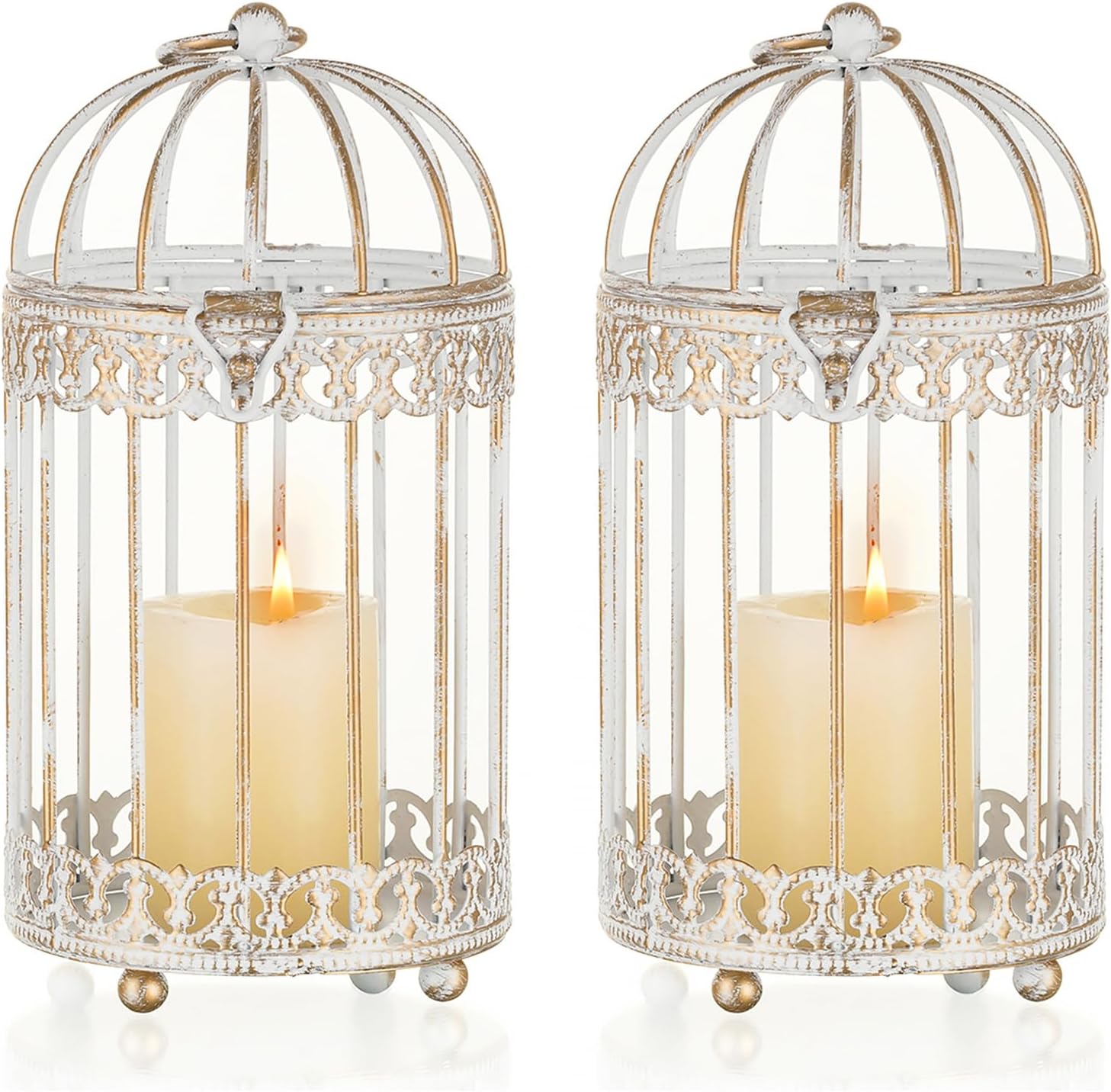 NUPTIO Candle Holders for Pillar Candles: 2 Set of 7.7 inch H Antique White Bird Cages Lantern Wedding Centerpiece Small Metal Hanging Pillars Holder for Bridal Shower Party Table Decorations