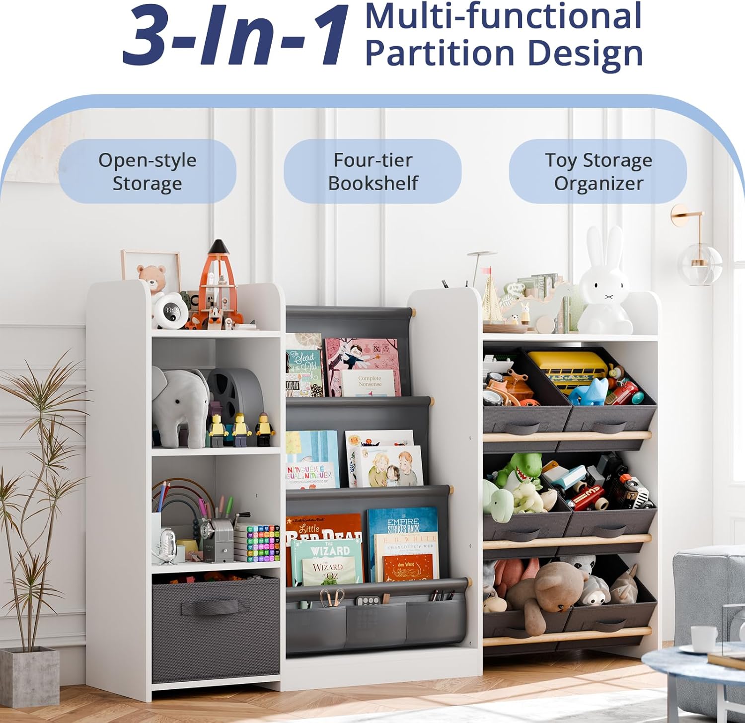 Kids Toy Book Storage Organizer - Large Bookshelf with 7 Removable Bins, Baby Bookshelf and Toy Storage, 4-Tier Book Shelf for Kids Room, Playroom, Classroom, 51 inch, White