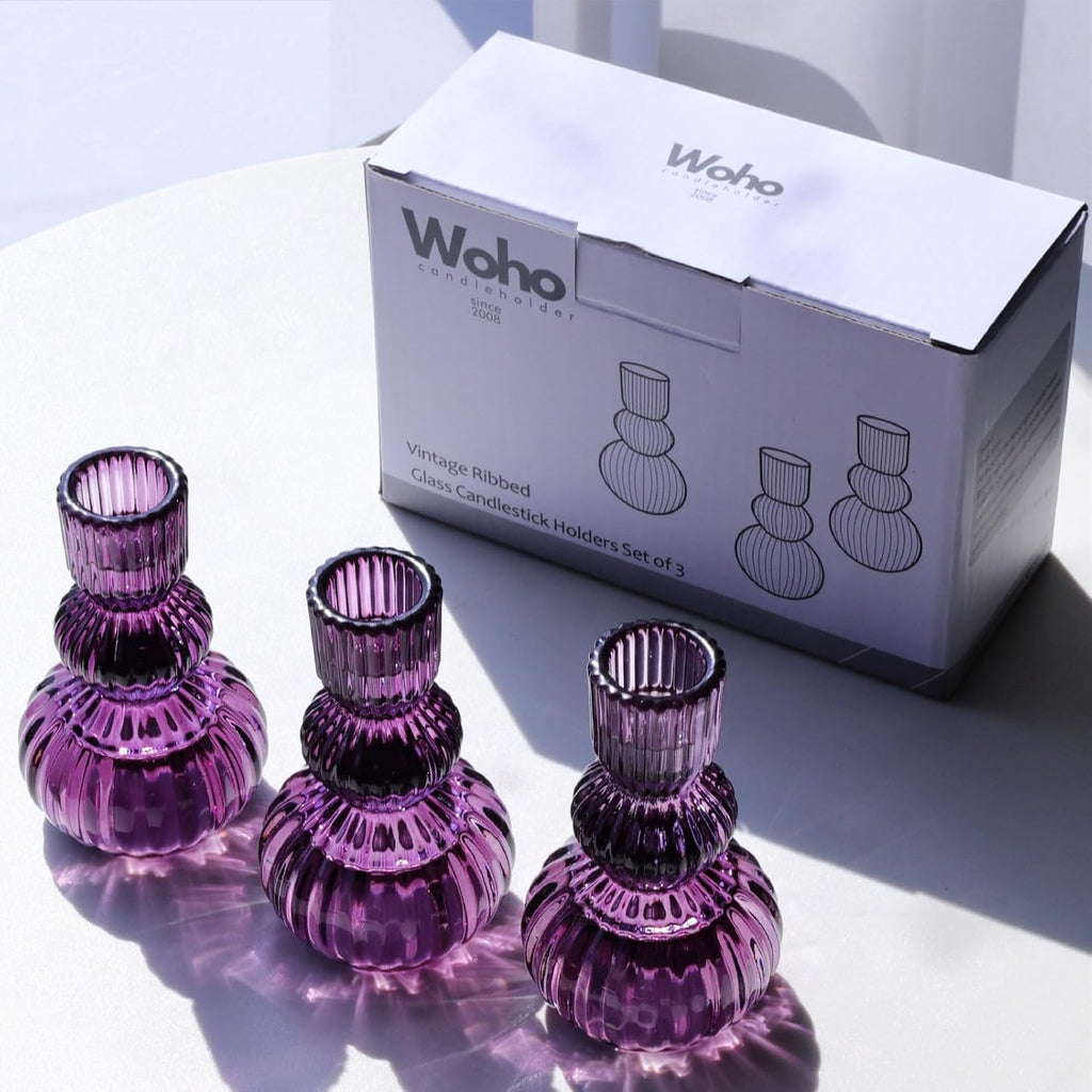 Woho Set of 6 Purple Taper Candle Holders 4.3" H for Halloween Decorations, Vintage Ribbed Glass Candlestick Holders for Wedding Table Centerpiece, Candle Sticks Holder Decor for Holiday Home Decor