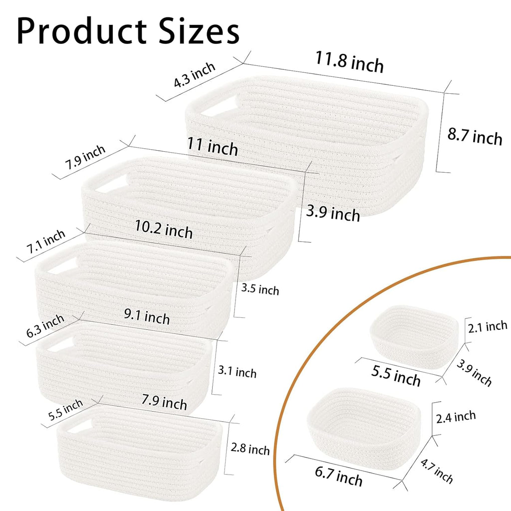 7 Piece Cotton Rope Woven Basket Set - Small Basket for Baby Nursery, Pets, Montessori, Dog & Cat Toy Boxes, Bathroom Organization Bins (White)