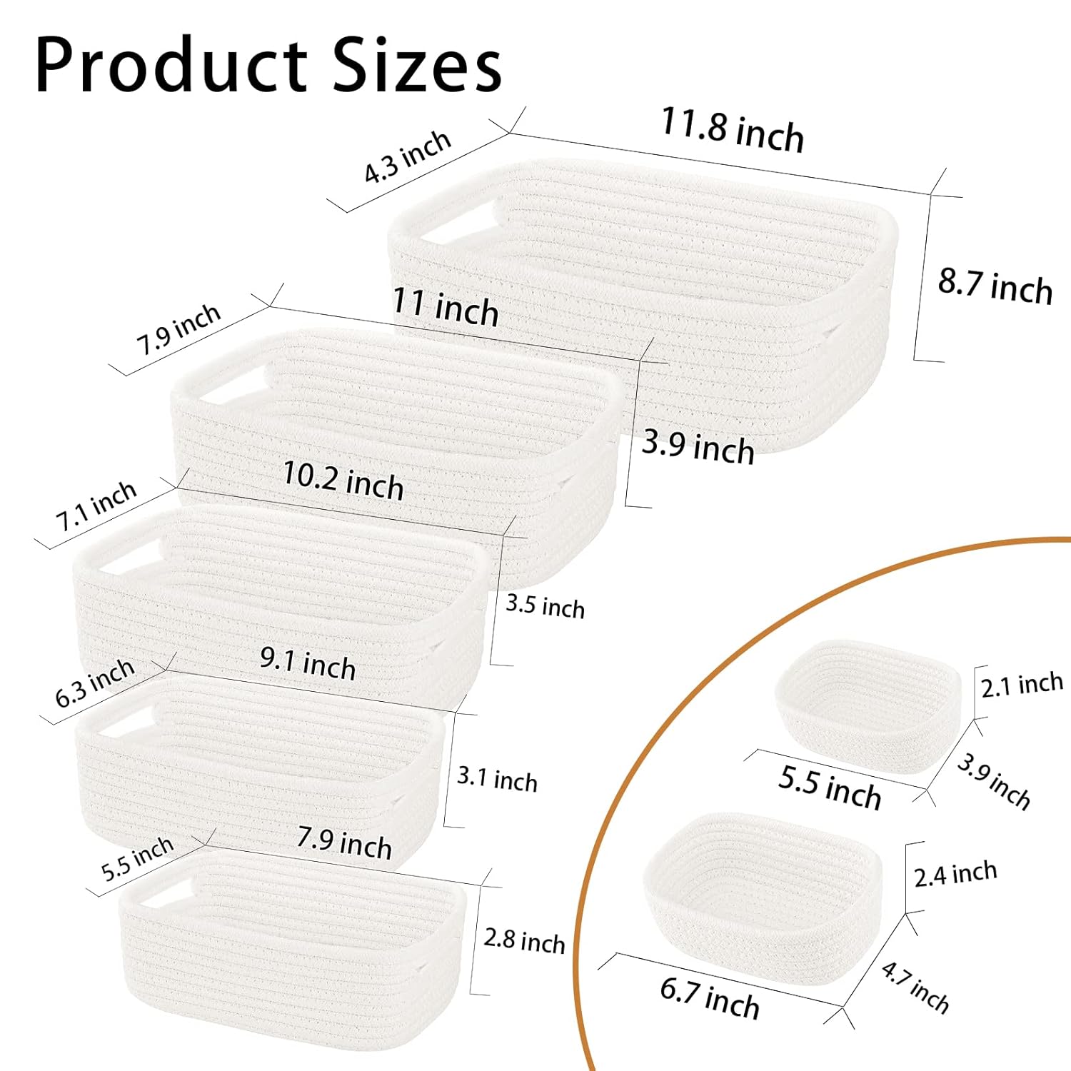 7 Piece Cotton Rope Woven Basket Set - Small Basket for Baby Nursery, Pets, Montessori, Dog & Cat Toy Boxes, Bathroom Organization Bins (White)