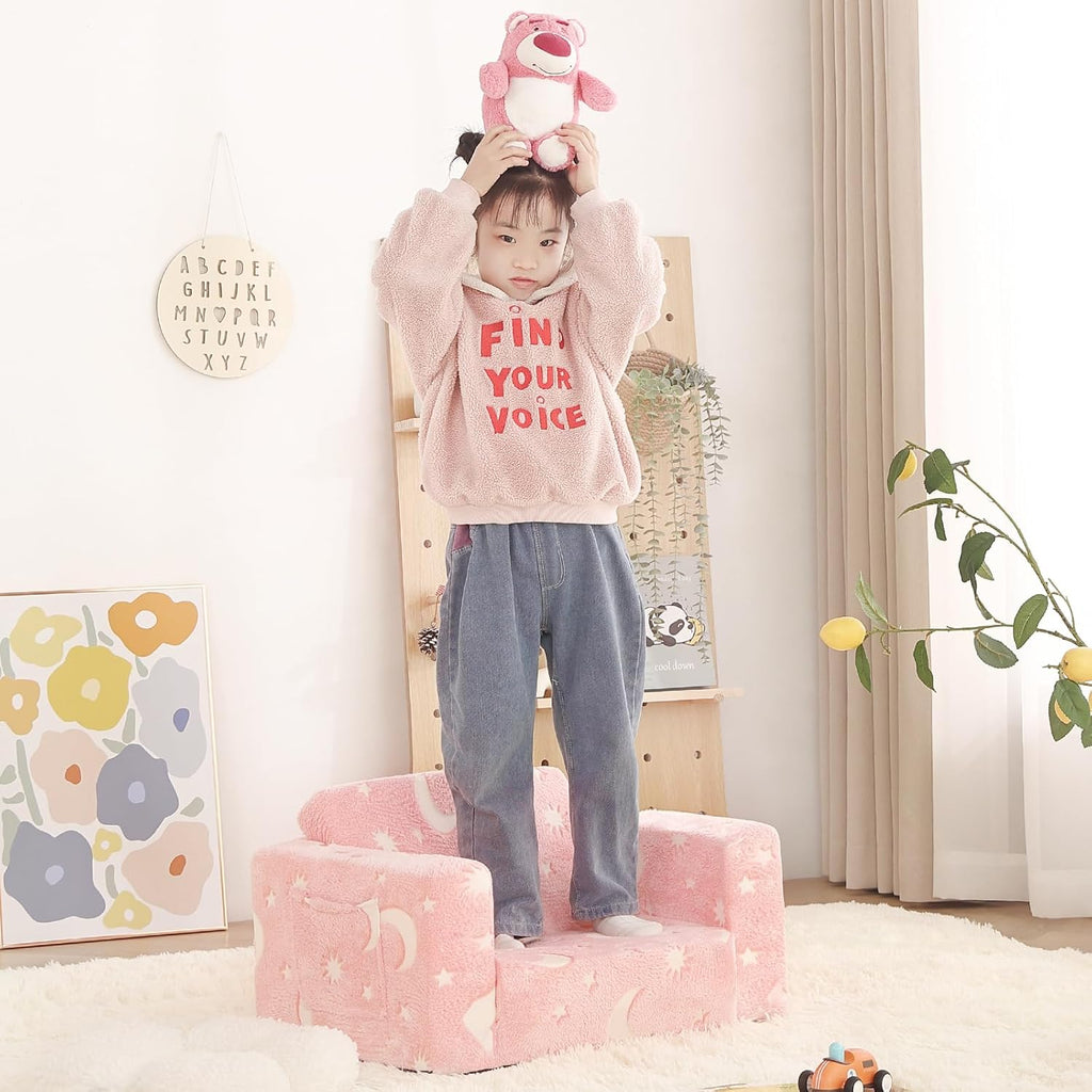 Welnow 2-in-1 Kids Sofa Chair, Glow in The Dark Convertible Toddler Chair Flip Out Children Sofa Chair Folding Kids Play Sofa with Side Pockets & Removable Cover Armrest Chair for Girl or Boy