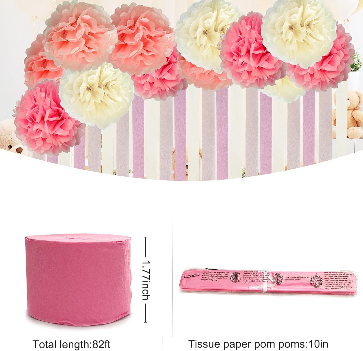 Pink Party Streamers Bridal Shower Decorations - Blush Pink Cream Colorful Paper Pom Poms Wall Decor for Baby Showers, Weddings, Graduations, Tea Parties, Engagement