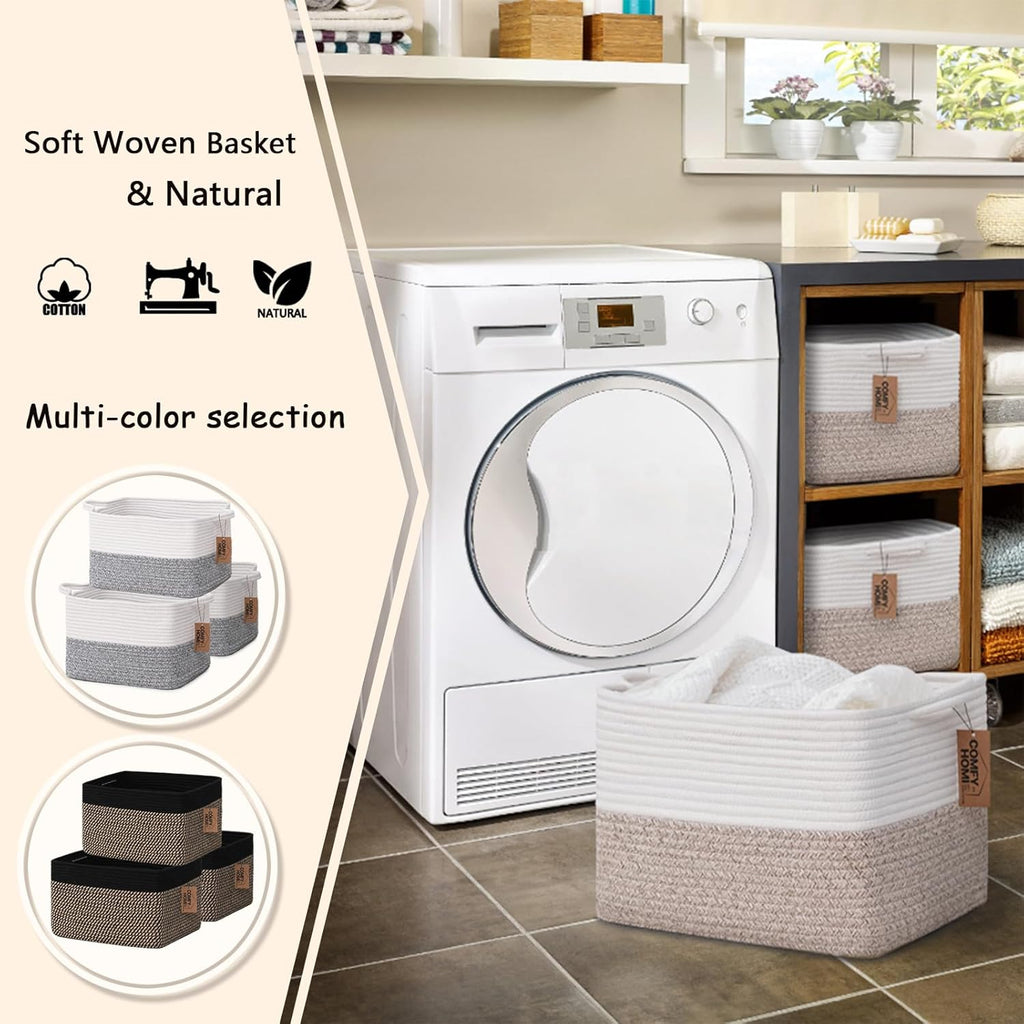 COMFY-HOMI Cotton Rope Woven Basket with Handles for Shelves,Toys,Book, Cloth Storage Baskets for Organizing-13.5" x 11" x 9.5" Toy Decorative Organizer for Living Room, Bathroom （White/Brown）