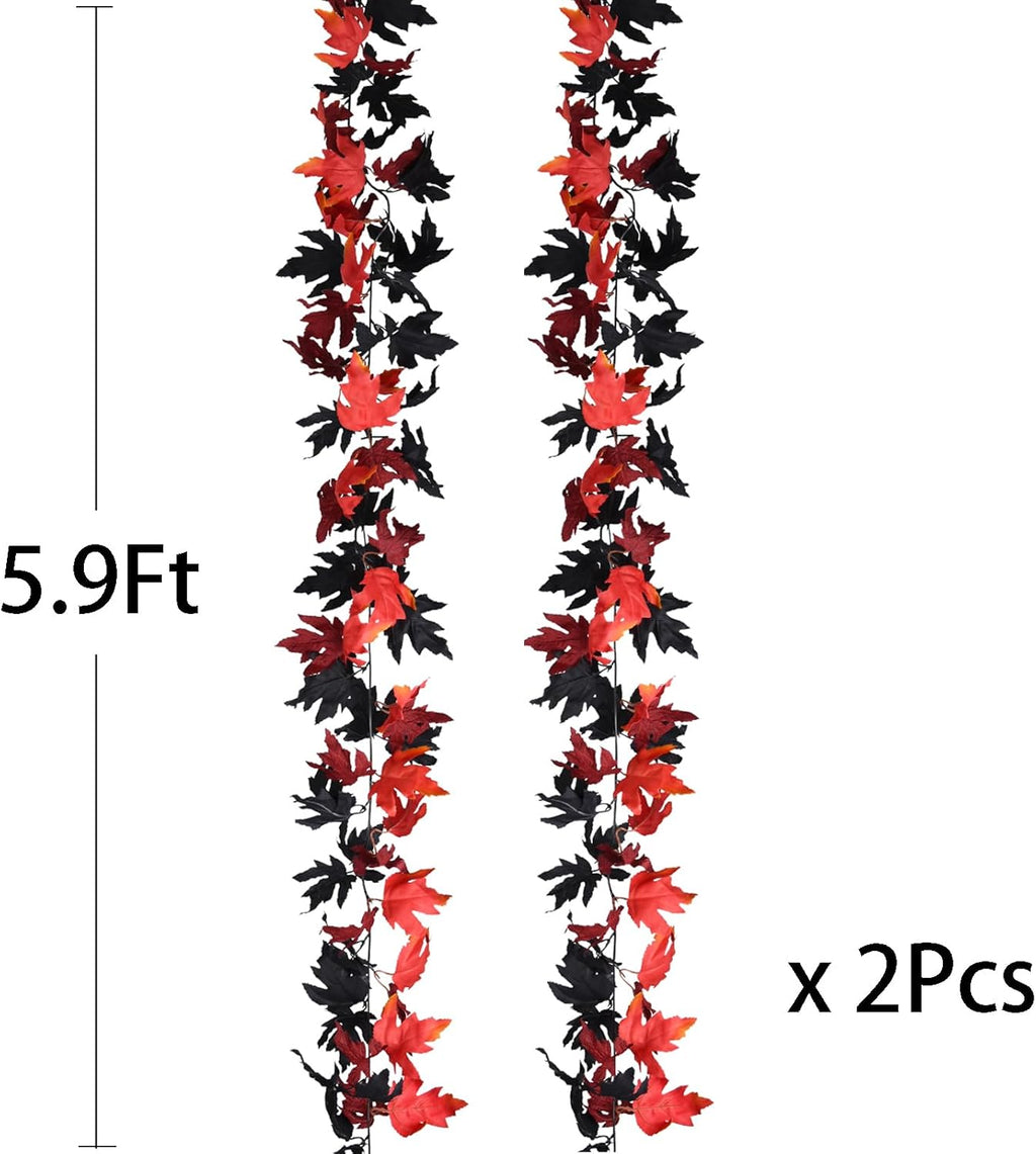 DearHouse 2 Pack Fall Maple Leaf Clearance, 5.9Ft/Piece Halloween Maple Foliage Garland Black and Red Autumn Decor for Home Fireplace Party