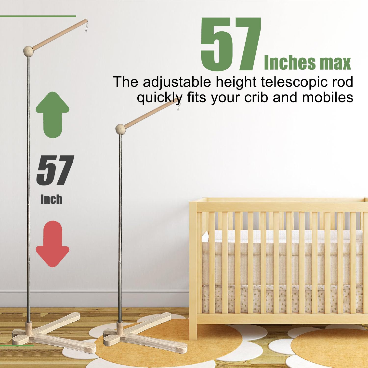 Crib Mobile Wooden Arm, Suitable for All Cribs 100% Natural Larch Hanger Nusery Decor Baby Room Safe Holder(Mobile is not Included (Standing Arm)