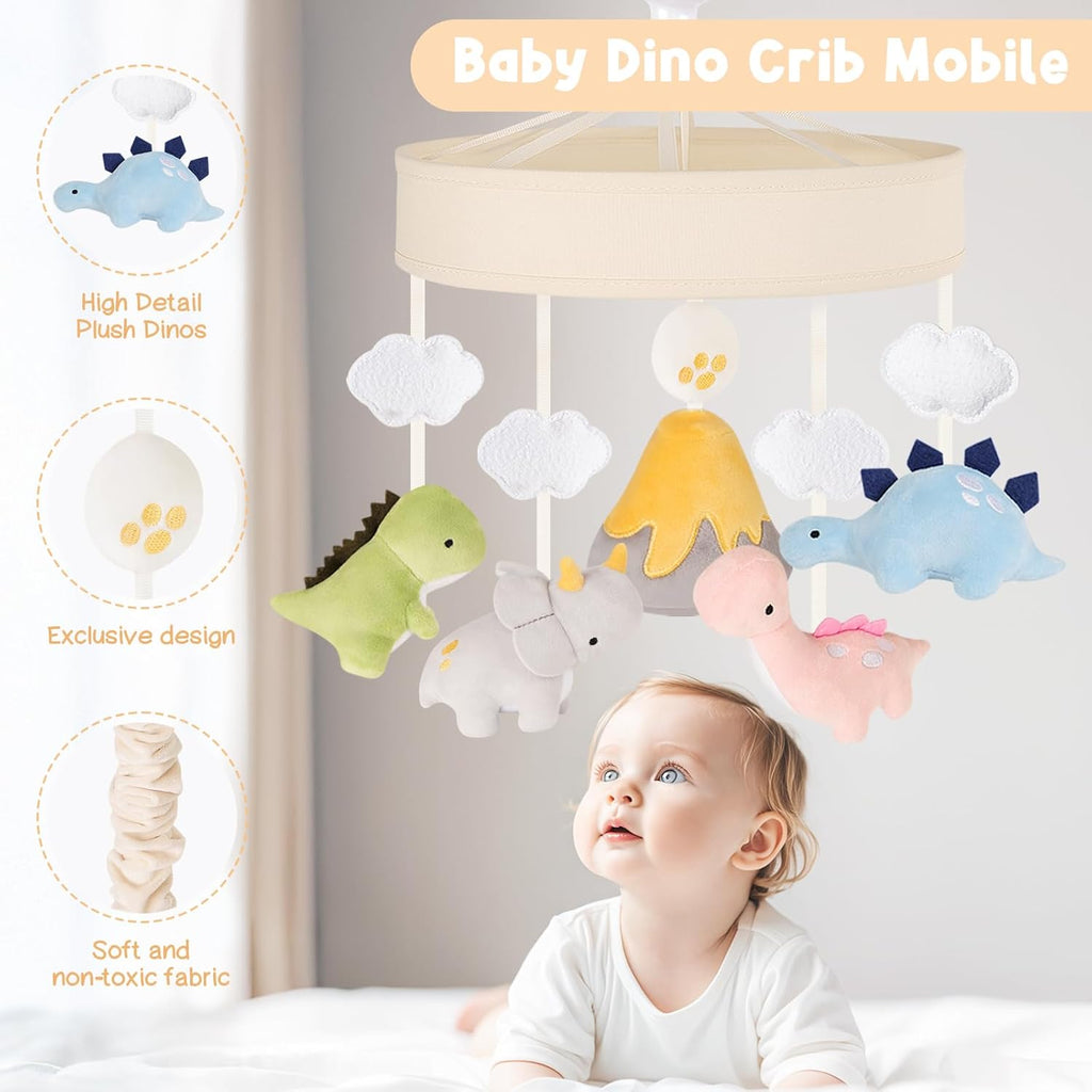 Dinosaur Crib Mobile – Beige Dino Baby Crib Mobile with 3-Mode Music Box, Nursery Mobile with Triceratops, T-Rex, Volcano, Fits Standard Cribs