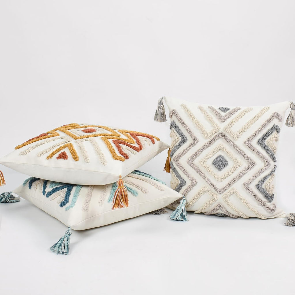 Boho Pillow Covers 18X18 Inch Boho Tufted Throw Pillow Covers Decorative Tassels Cushion Cover Farmhouse Pillow Case for Couch Sofa Bed Living Room Bedroom, Rust