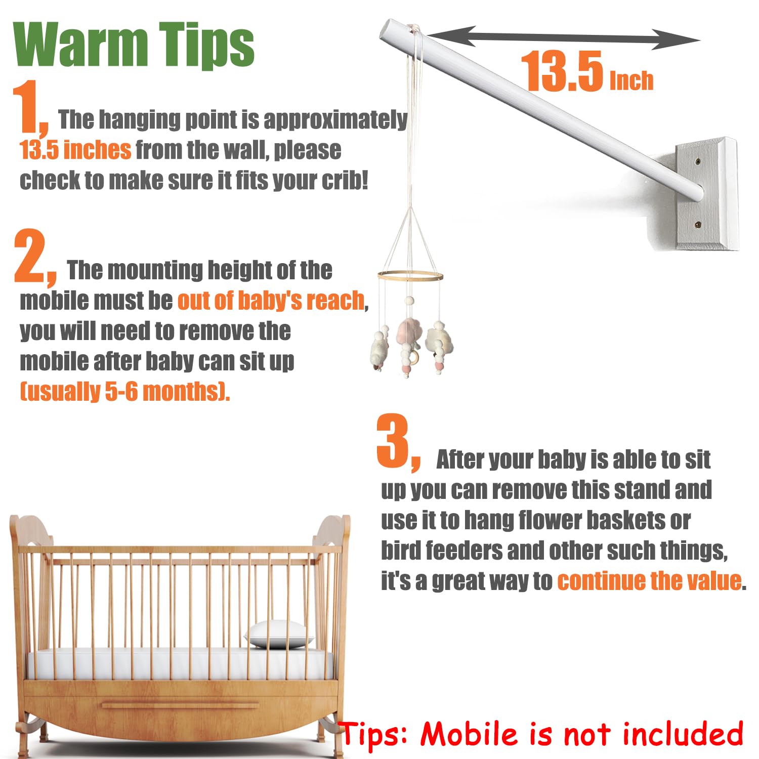 Crib Mobile Wooden Arm, Wall Mounted Suitable for All Cribs 100% Natural Larch Hanger Nusery Decor Baby Room Safe Holder(Mobile is not Included