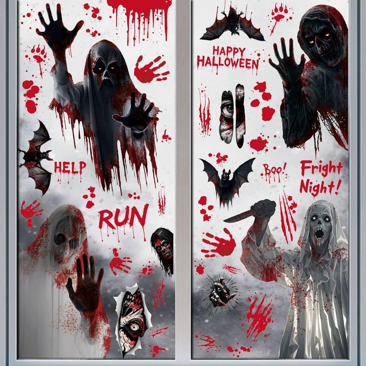 Bloss Halloween Window Clings for Glass Window Decorations,Double Side Scary Ghosts Halloween Window Stickers,Bloody-Handprint-Footprint Windows Decals for Home/Party Decoration