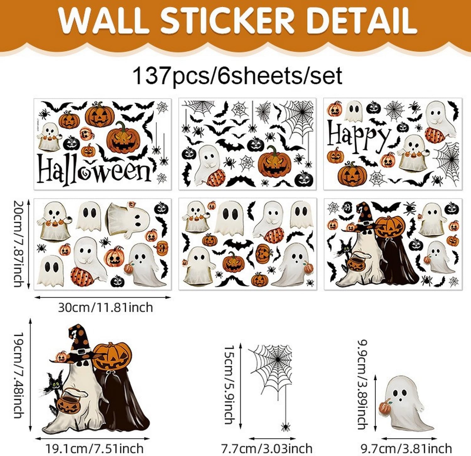 Halloween Ghost Window Clings for Glass 6 Sheets Cute Window Decals Spooky Window Stickers Pumpkin Spider Windows Cling for Halloween Fall Party Home School Office Glass Supplies Decorations