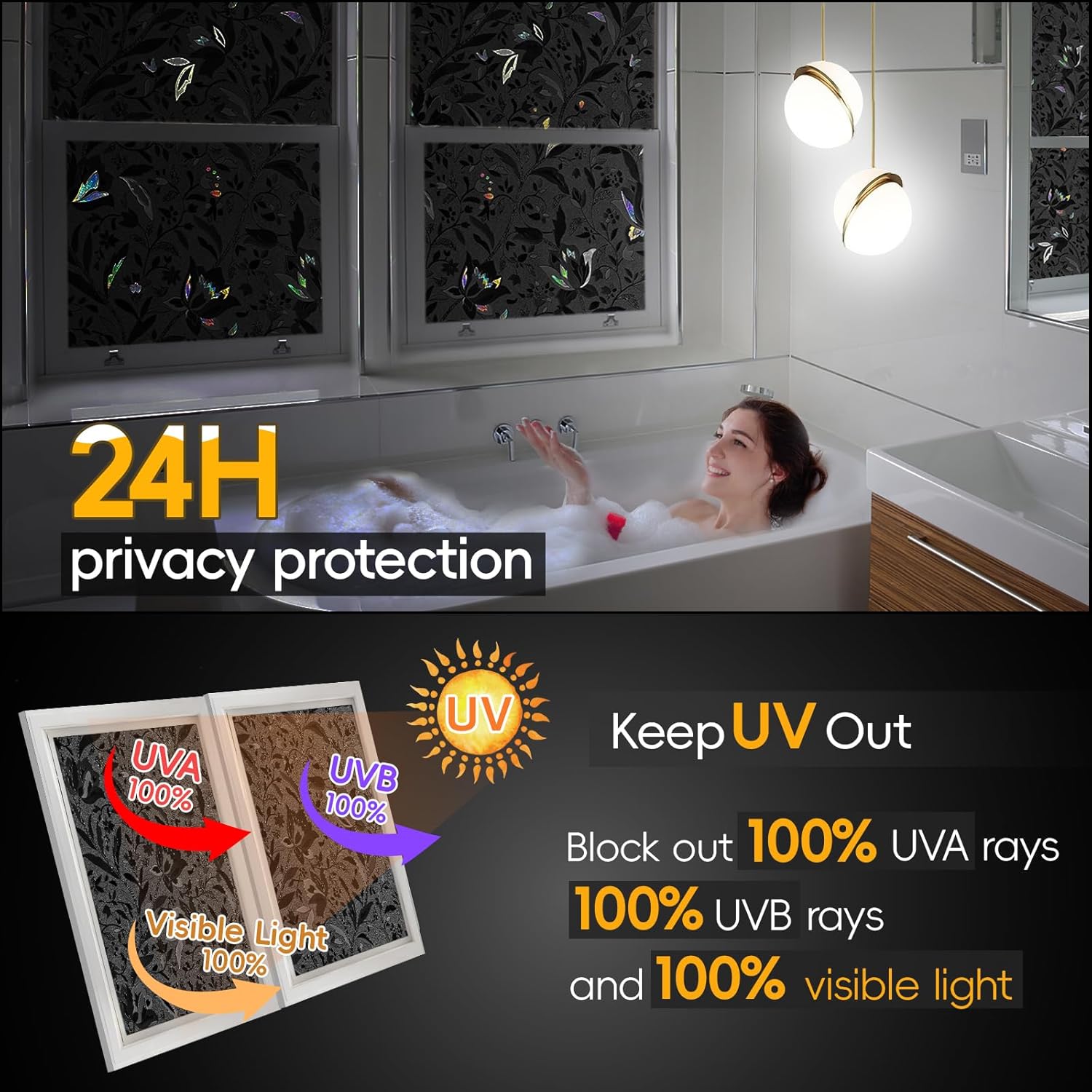 Blackout Window Privacy Film Decorative with Tulip Design, Removable Black Out Tint for Home, 17.5" by 78.74"