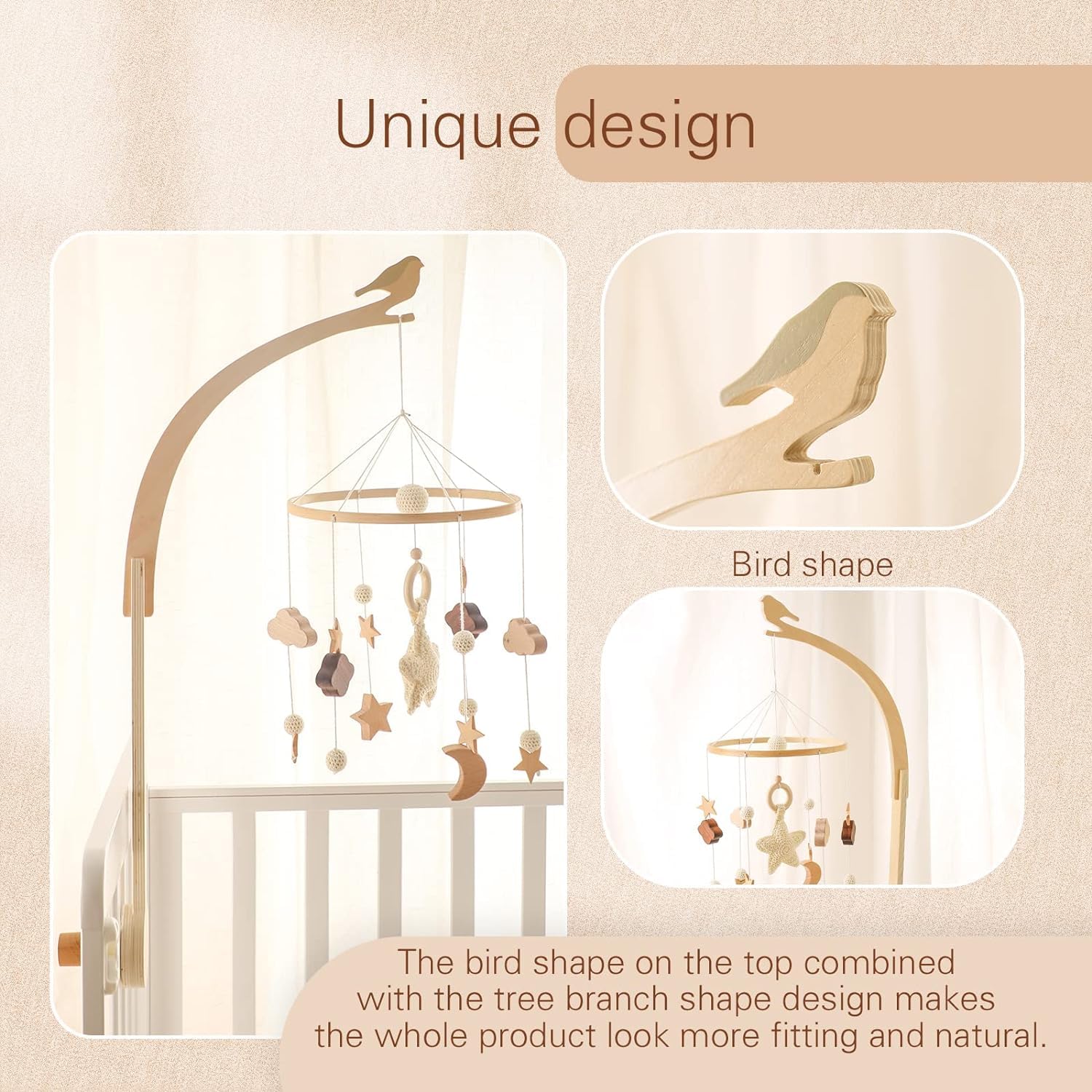 Bird Shape Crib Mobile Arm, 30 Inch Baby Crib Mobile for Boys and Girls, Adjustable Wooden Baby Mobile Holder for Crib, Baby Mobile Hanger, Perfect Nursery Décor and Gift