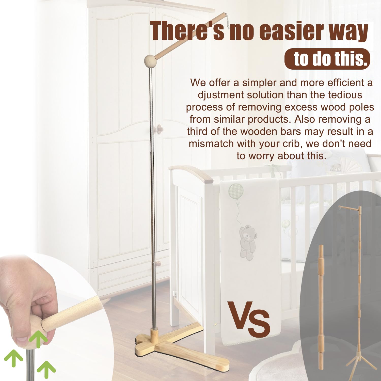 Crib Mobile Wooden Arm, Suitable for All Cribs 100% Natural Larch Hanger Nusery Decor Baby Room Safe Holder(Mobile is not Included (Standing Arm)