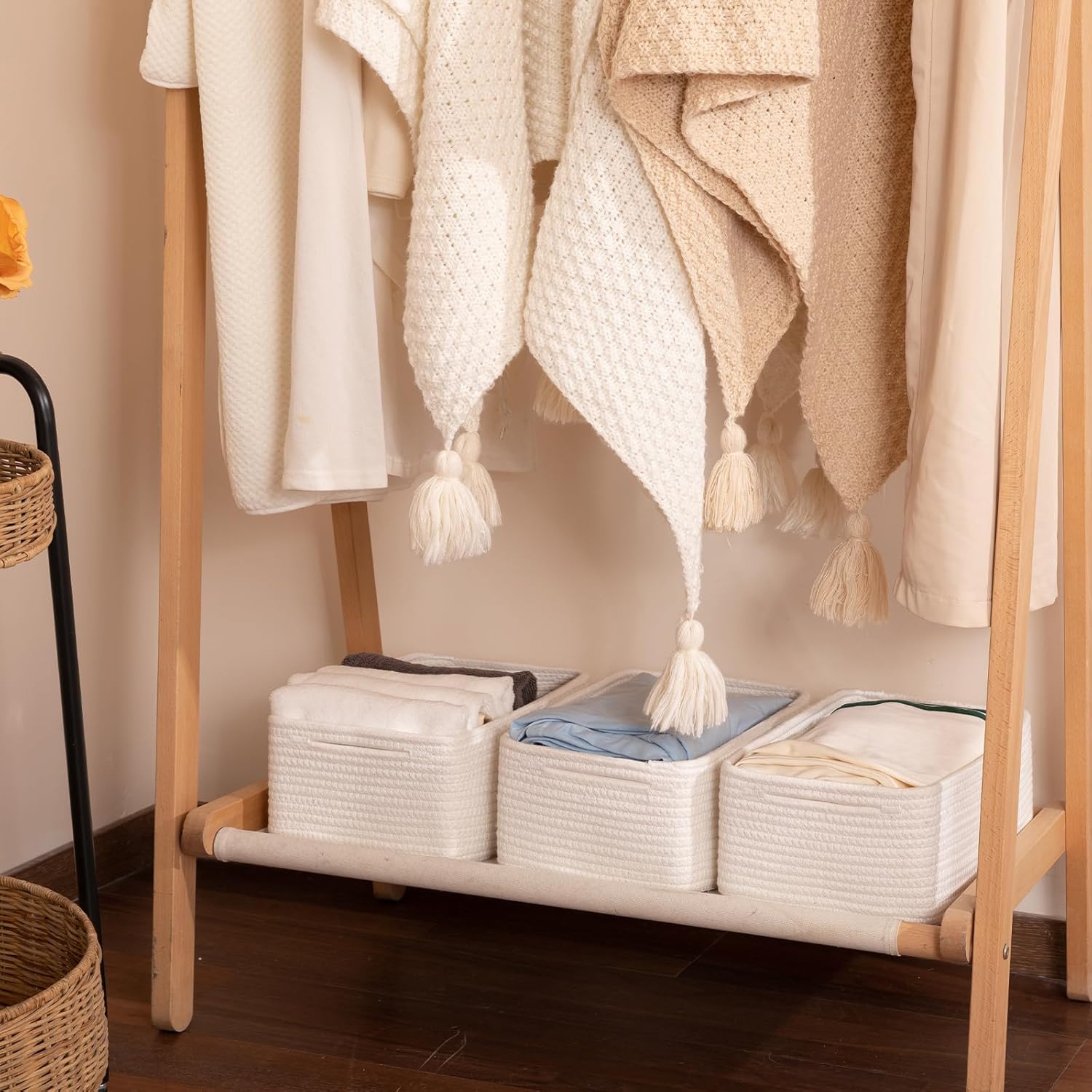 3 Pack Small Storage Baskets for Organizing, Cute Woven Decorative Gift Baskets for Shelves, Mini Closet Organizer Bins with Handles-13''Lx8.66''Wx5.11''H-White