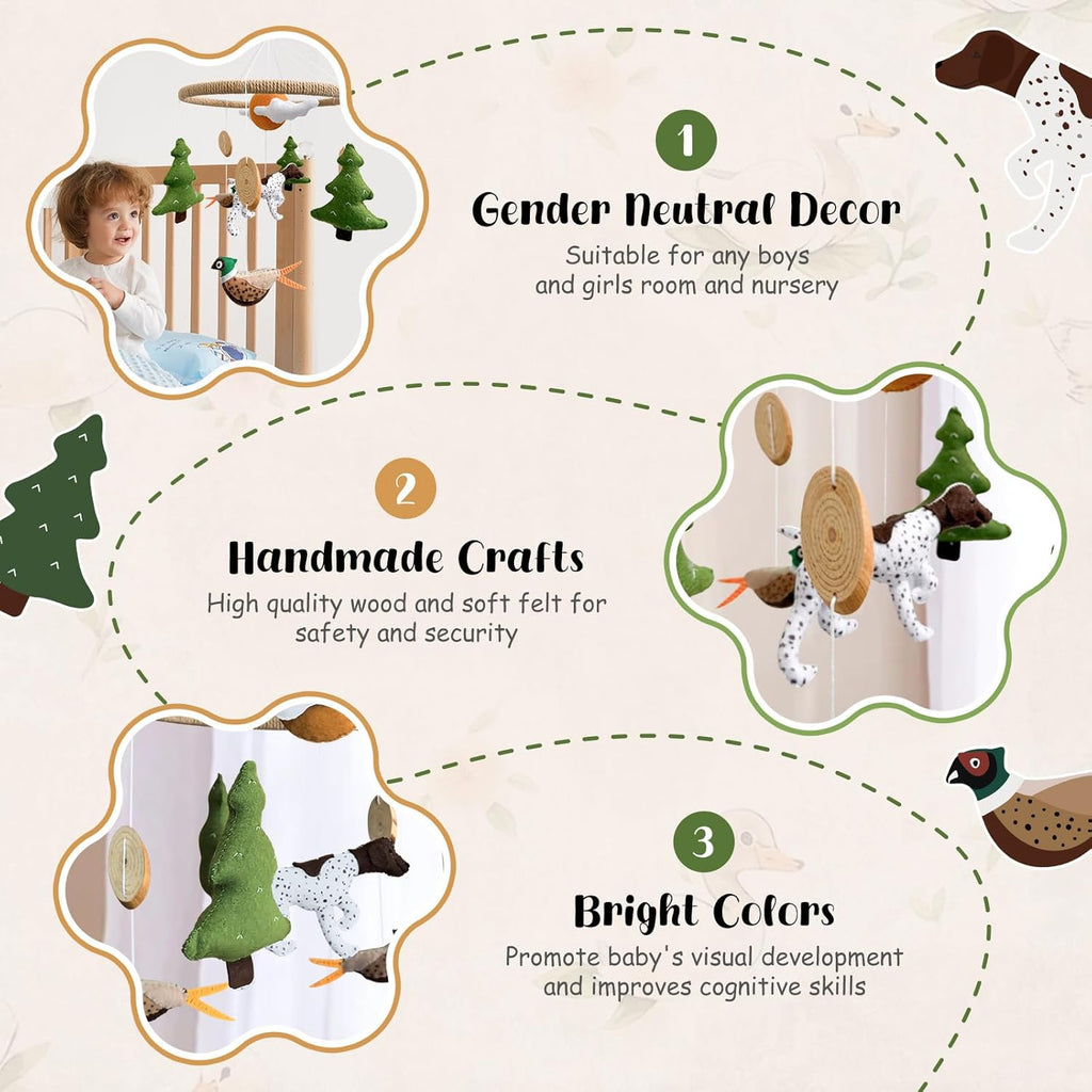 Baby Mobile for Crib Hunting Baby Crib Mobile for Boys Girls Handmade Felt Woodland Nursery Decor Infant Bedroom Hanging Pheasant Dog Hunting Decor for Bassinet Gender Reveal Newborn Gifts