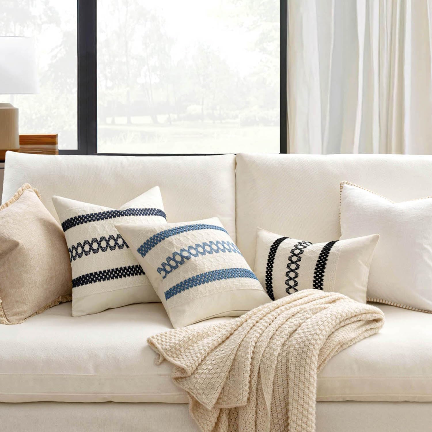 MIULEE Set of 2 Coastal Blue Boho Decorative Lumbar Pillow Covers 12x20 Inch Farmhouse Rustic Couch Throw Pillows Modern Summer Cushion Covers Retro Cute Macrame Woven Home Decor for Bed Sofa Chair