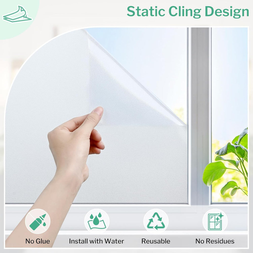 DOWELL Window Privacy Film, Frosted Glass Window Film, Static Cling Non-Adhesive Glass Clings, Sun Blocking Opaque Coverings, Reusable Door Stickers for Bathroom Home Office, Pure, 35.4" x 157.5"